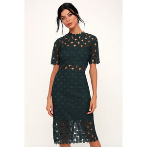 Lulus Heartfelt Dark Teal Green Lace Bodycon Midi Dress - Size L